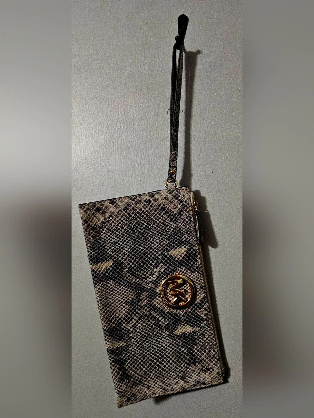 Authentic Michael Kors Snakeskin Large Wristlet Wallet with gold logo